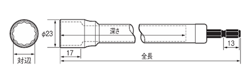 ベッセル 電動ドリル用 軽天ソケット(超ロングサイズ深穴タイプ)(KA)の寸法図