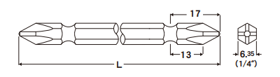 エイト (10本組) 両口プラスビットEA-01 (磁性無し)(シャンク6.35x13mm)の寸法図