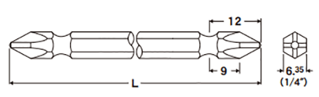 エイト (10本組) 両口プラスビットEA-02 (磁性無し)(シャンク6.35x9mm)の寸法図