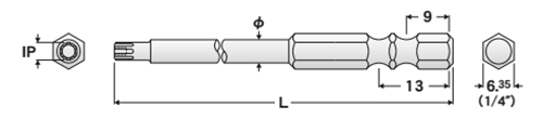 エイト TORXプラスビットEA-33S (IP)(シャンク6.35x9mm/13mm)の寸法図