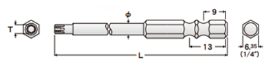 エイト TORXビットEA-33S (ピン穴無し/先細)(T●)(シャンク6.35x9mm/13mm)の寸法図