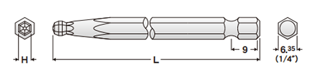 エイト テーパーヘッド 六角棒ビット(EA-64)(シャンク6.35x9mm)の寸法図
