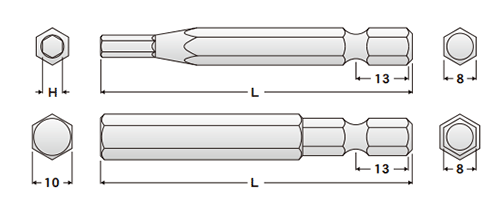 エイト 六角棒ビット(EA-67)(シャンク8x13mm)の寸法図