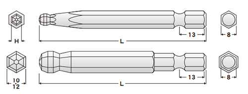 エイト テーパーヘッド 六角棒ビット(EA-68)(シャンク8x13mm)の寸法図