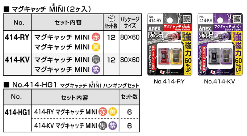 アネックス(ANEX) 強力マグキャッチMINI (414-RY・KV・HG1)(着磁・脱磁)の寸法表