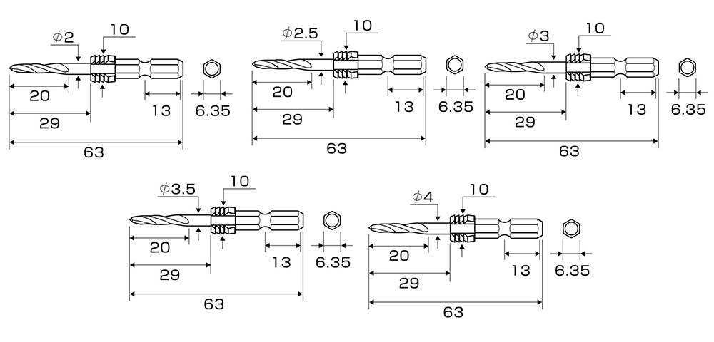 アネックスツール(ANEX) グリップ付下穴錐 ショート(AGKS)(対辺6.35mm六角軸)の寸法表