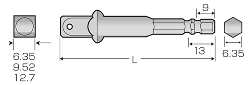 アネックスツール(ANEX) ソケットアダプター(AK20AD)(6.35mm六角軸)の寸法図