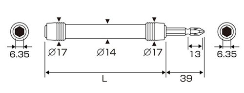 アネックスツール(ANEX) 強靭ロングビットホルダー (ALHP)(対辺6.35mm六角軸)の寸法図