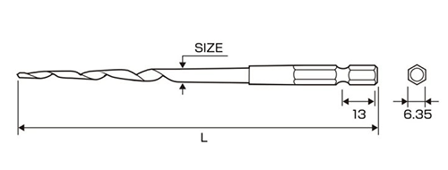 アネックスツール(ANEX) 木工用下穴錐(AMK)(対辺6.35mm六角軸)の寸法図