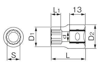 TONE ソケット 差込口9.5mm (3D)(12角)(ミリ径)の寸法図
