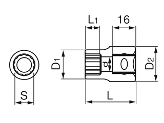 TONE ソケット 差込口12.7mm (4D)(12角)(ミリ径)の寸法図