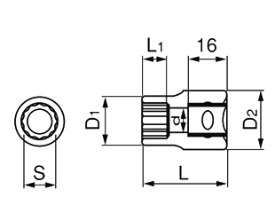 TONE ソケット 差込口12.7mm (4DB)(12角)(インチ径)の寸法図
