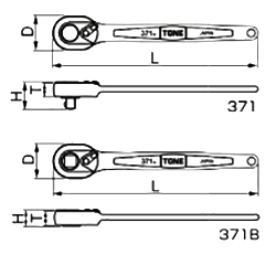 TONE ラチェットハンドル (371)(差込口 12.7mm)の寸法図