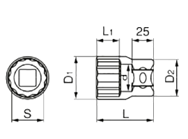 TONE ソケット 差込口19mm(6D)(12角)(ミリ径)の寸法図