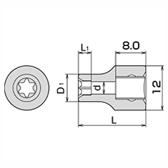 TONE E型トルクスソケット(2TX-E)(差込角6.35mm(1/4)の寸法図