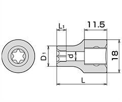 TONE E型トルクスソケット(3TX-E)(差込角9.5mm(3/8)の寸法図