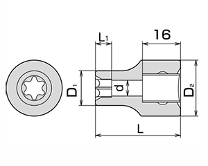 TONE E型トルクスソケット(4TX-E)((差込角12.7mm(1/2)の寸法図