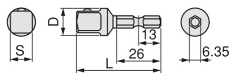 TONE 充電式電動ドリル用 ソケットアダプター(2BSA)(差込口： 六角軸6.35mm)の寸法図