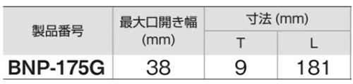 TONE 壊ねじプライヤ (つぶれネジはずし用ペンチ)(BNP)の寸法表