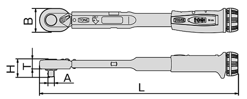 TONE プレセット形トルクレンチ(ダイレクトセット・ホールドタイプ)(T-MN-H)の寸法図