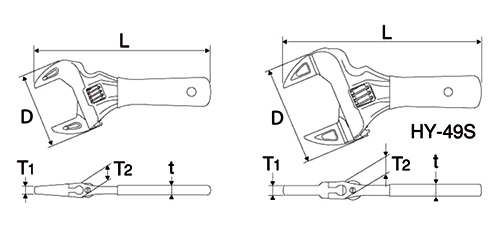 トップ工業 モンキレンチ (HY-S) ショートエコワイド (薄型軽量タイプ)の寸法図