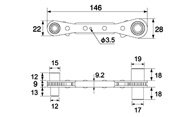 トップ工業 ラクラッチ(ロング4サイズ板ラチェットレンチ) PRW-L(S)の寸法図