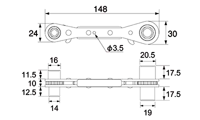 トップ工業 アルミ製 ラクラッチ(ロング4サイズ板ラチェットレンチ) PRW-LAの寸法図