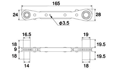 トップ工業 鉄製 カンラッチ(ロング4サイズ板ラチェットレンチ) PRW-LKの寸法図
