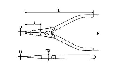 トップ工業 スナップリングプライヤー (軸用 直爪)SSの寸法図