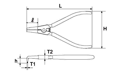 トップ工業 スナップリングプライヤー (軸用 曲爪)SBの寸法図