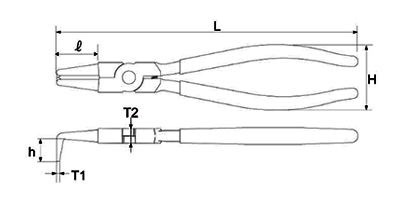 トップ工業 スナップリングプライヤー(穴用 曲爪)HBの寸法図