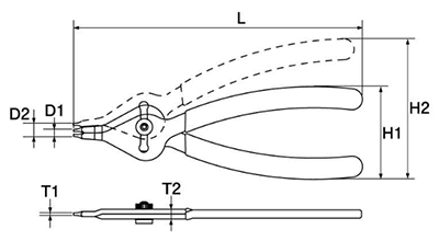 トップ製 コンバーチブルプライヤ(C型止め輪 軸穴兼用)の寸法図