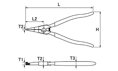 ロックリングプライヤ(C形同心止め輪用着脱専用プライヤー) トップ製の寸法図