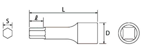 トップ工業 ソケットレンチ用ヘキサゴンソケット(六角穴付きねじ用)(HB-)の寸法図