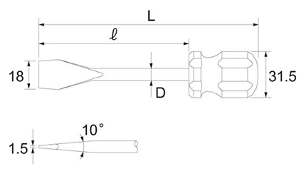 トップ工業 水栓ドライバー (先端幅ワイド/大径すりわり付ネジ 用)(TWD)の寸法図