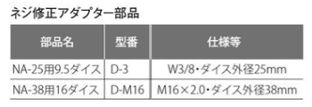 トップ工業 ねじ切り丸ダイス (NA-25用)(インチ・ウイット)の寸法表