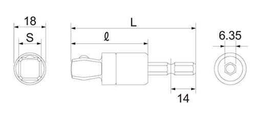 トップ工業 電動ドリル用アルファ フレックスソケットアダプター(自在形)(18V対応)(ESA-FX)の寸法図