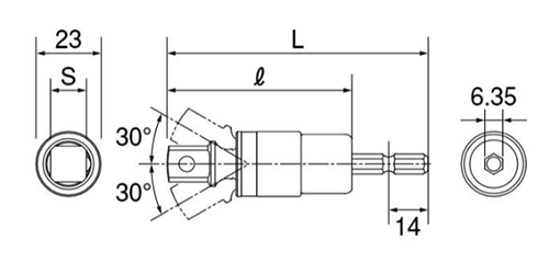 トップ工業 電動ドリル用アルファ ユニバーサルソケットアダプター(自在形)(18V対応)(EUA-DX)の寸法図