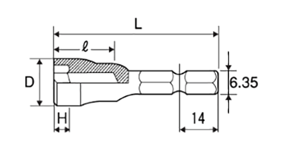 トップ工業 電動ドリル用ソケット ショートタイプ(六角軸6.35mm)(EHS-)の寸法図