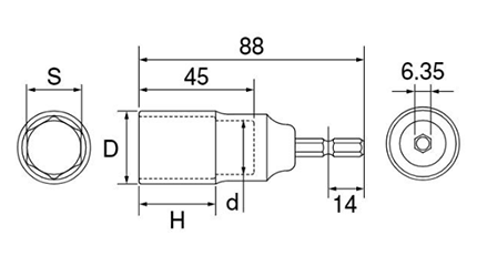 トップ工業 電動ドリル用コンパクトソケット (六角ボルト用)(EDS-C)(対辺6.35mm軸)の寸法図