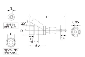 トップ工業 ユニバーサルショートソケット(EUS-S)(首振り角度30°)の寸法図