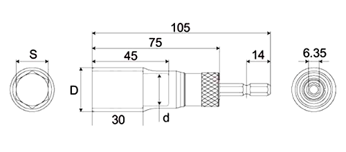 トップ工業 電動ドリル用替軸ソケット (六角軸6.35mm)(ESK)の寸法図