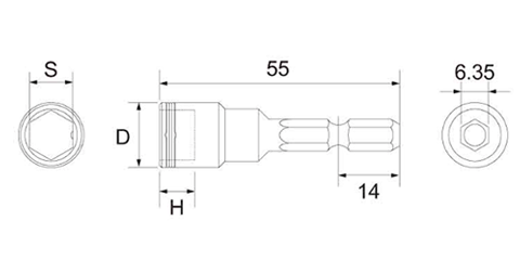 トップ工業 ヘクスセッター (ボール付) (六角ボルト用ボックスビット) (EHX-B)(対辺6.35mm軸)の寸法図