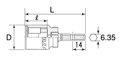 トップ工業 電動ドリル用全ネジソケット(六角軸6.35mm)(ZNS-)の寸法図