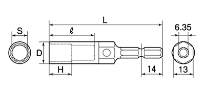 トップ工業 電動ドリル用マルチソケット(六角軸6.35mm)(ECS-)の寸法図