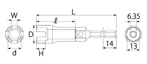 トップ工業 電動ドリル用 蝶ネジソケット (六角軸6.35mm)(ECS)の寸法図