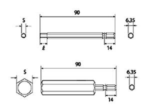 トップ工業 電動ドリル用ヘクスビット(六角穴付きねじ用)(六角軸6.35mm)(EHB-)の寸法図
