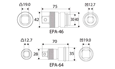 トップ工業 インパクトレンチ用ワンタッチアダプター(EPA/EPA-U)の寸法図