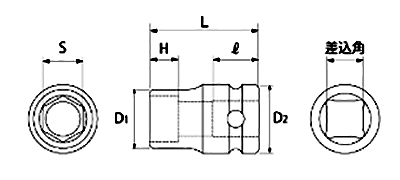トップ工業 インパクトレンチ用ソケット(PT-)の寸法図