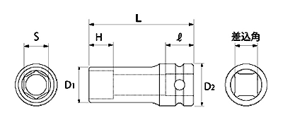 トップ工業 インパクトレンチ用ディープソケット(PT-●L)の寸法図